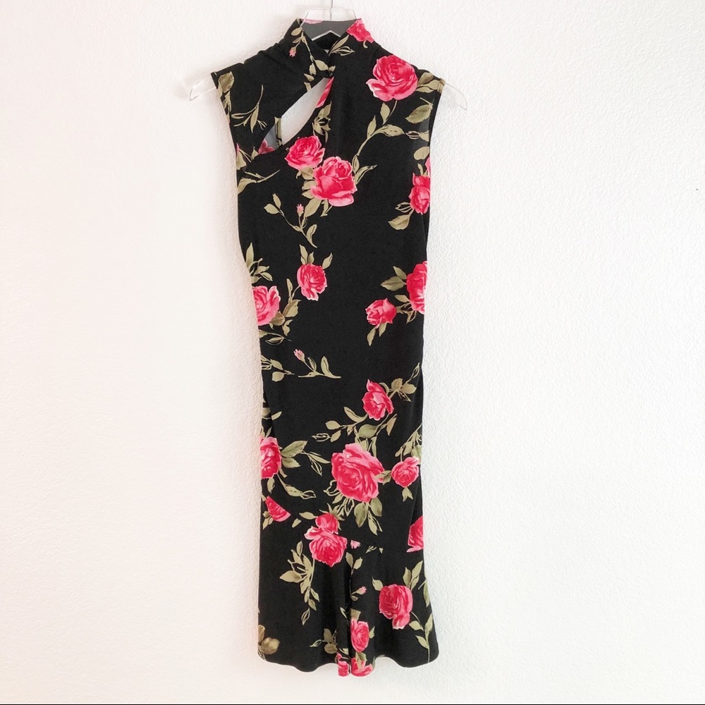 Vintage Y2K Guess Collection Black Rose Print Fitted High Neck Peekaboo Dress